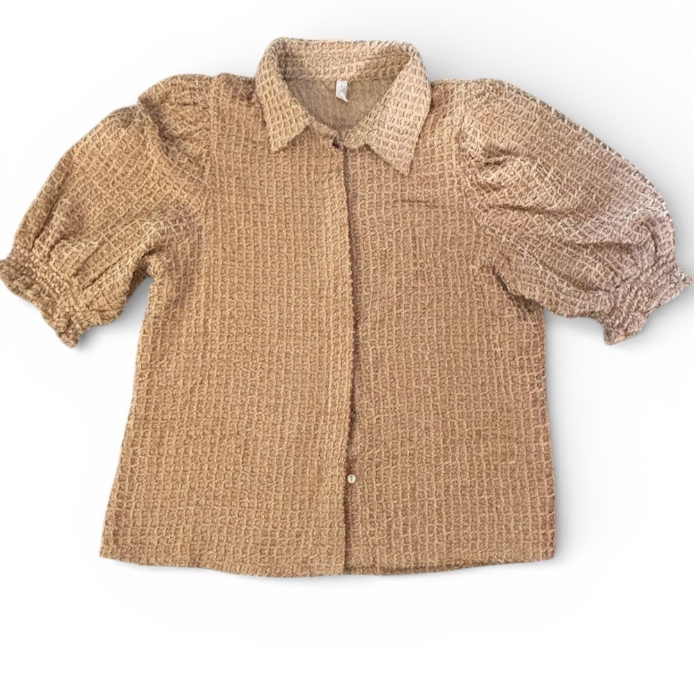 Glam Velour Textured Beige Top With Puff Sleeves